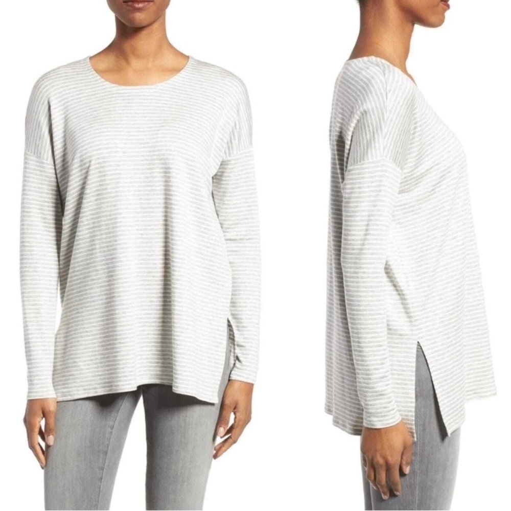 Eileen Fisher Tencel Stretch Terry Stripe Long Sleeve Gray White Stripe Size XS